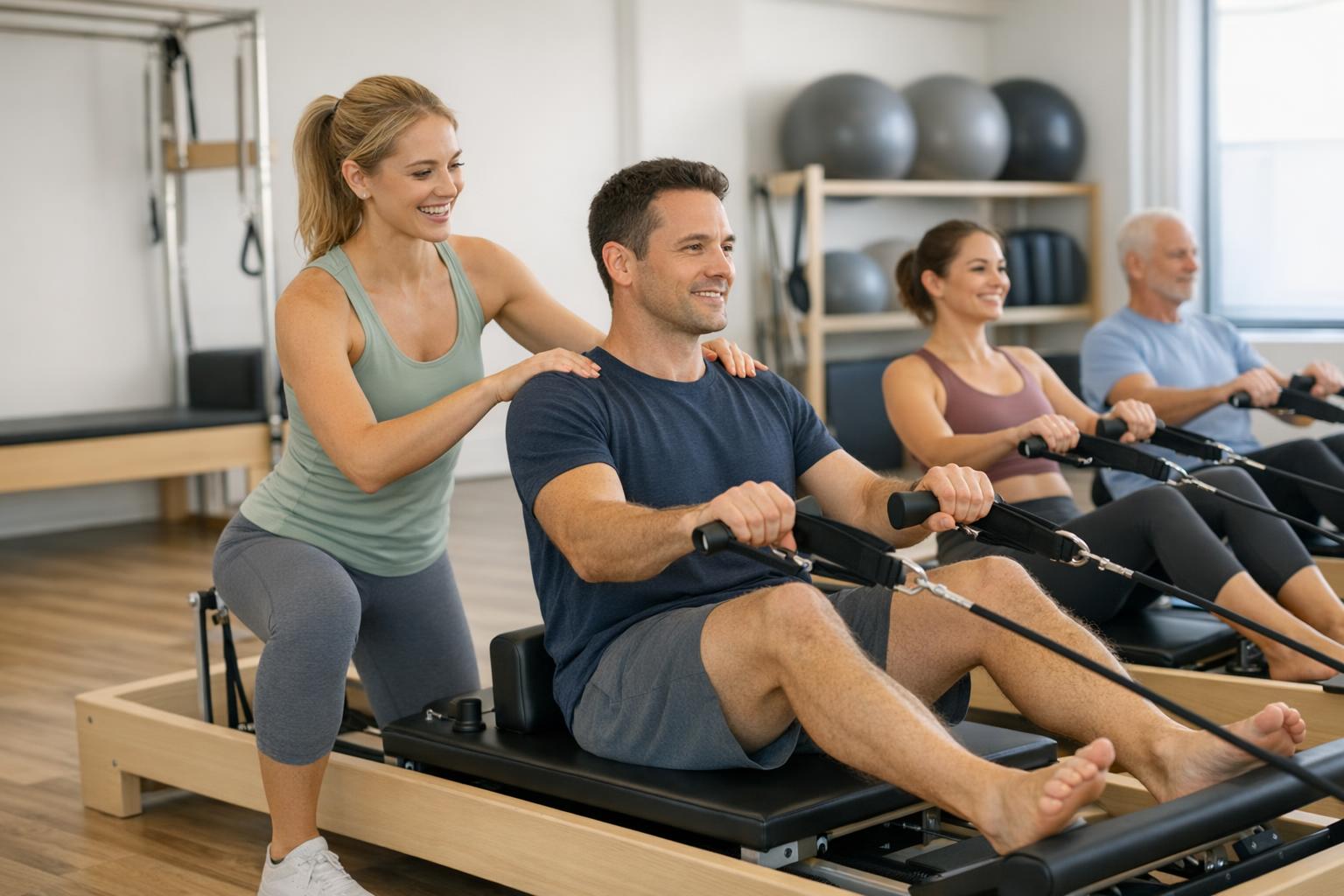 Opis zdjęcia: uczestnicy kursu pilates pracują razem w studio