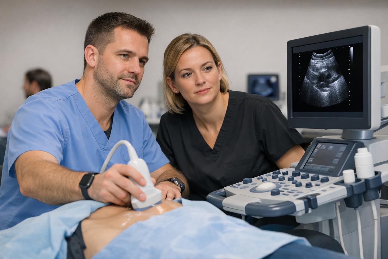 Zdjęcie: para uczestników kursu USG podczas zajęć praktycznych, jeden trzyma głowicę ultrasonografu