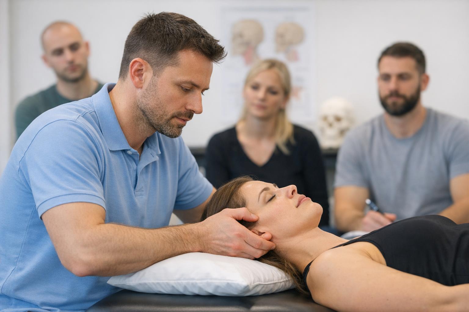 Fizjoterapeuta wykonujący terapię manualną stawu skroniowo-żuchwowego podczas szkolenia